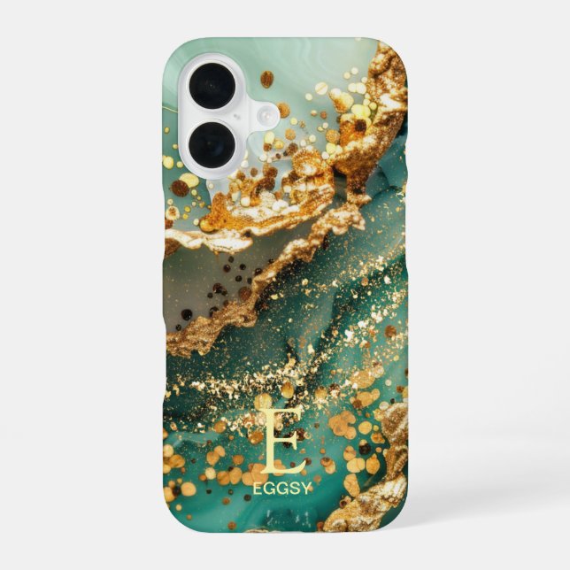 Green marble chic gold glitter monogram iPhone 16 case (Back)