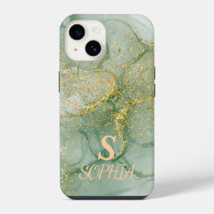 Green marble chic gold glitter monogram iPhone 14 case
