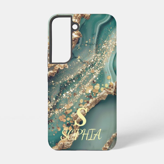 Green marble chic gold glitter monogram samsung galaxy s22 case (Back)