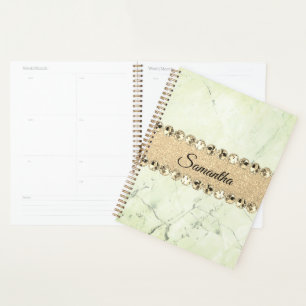 Green Marble Diamond Bling  Personalised  Planner