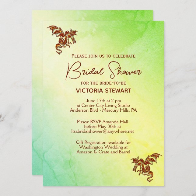 Green Marble Dragon  Bridal Shower Invitation (Front/Back)