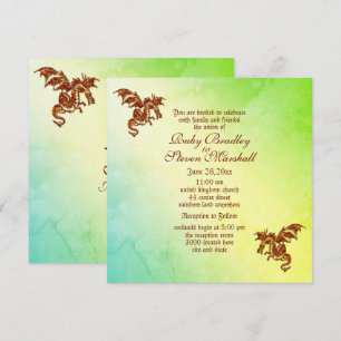 Green Marble Flaming Dragon Fantasy Wedding  Invitation