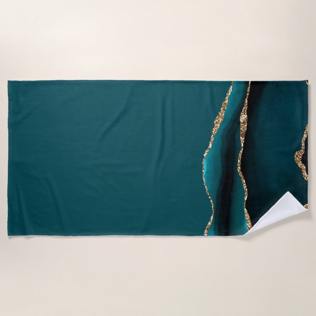 Green Marble Gilded Black Agate Beach Towel (Front)