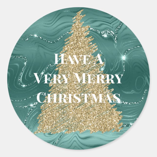 Green Marble Gold Glitter Christmas Tree Classic Round Sticker (Front)