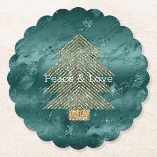 Green Marble Gold Glitter Christmas Tree   Paper Coaster