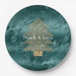 Green Marble Gold Glitter Christmas Tree          Paper Plate