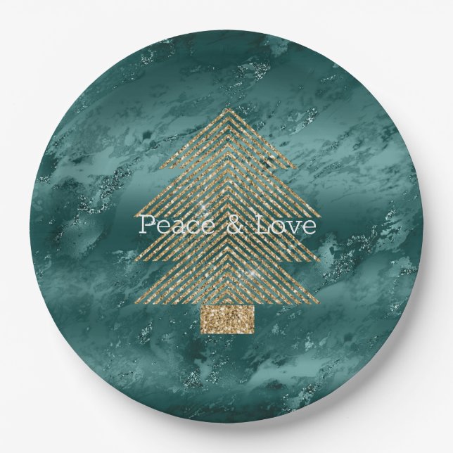 Green Marble Gold Glitter Christmas Tree          Paper Plate (Front)