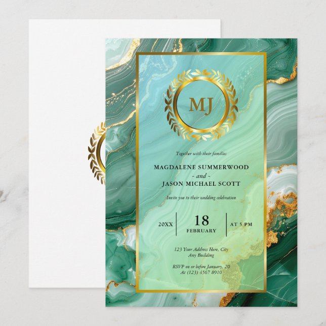 Green Marble Gold Laurel Crest & Frame Wedding Invitation (Front/Back)
