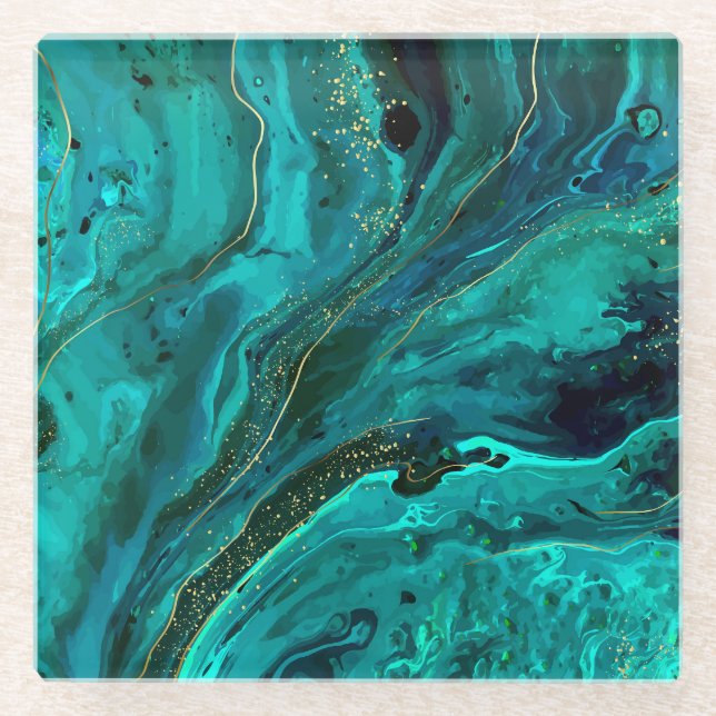 Green Marble & Gold: Luxurious Texture Glass Coaster (Front)