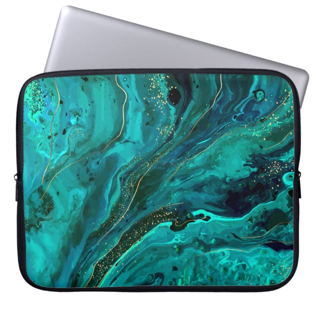 Green Marble & Gold: Luxurious Texture Laptop Sleeve (Front)