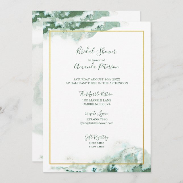 Green Marble Ombre Gold Frame Bridal Shower Invitation (Front/Back)