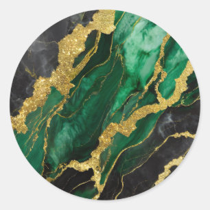 Green Marble Pattern with Gold Classic Round Sticker