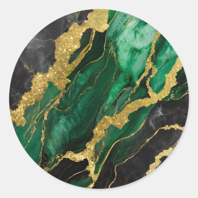Green Marble Pattern with Gold Classic Round Sticker (Front)