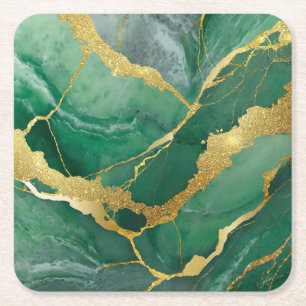 Green Marble Pattern with Gold Square Paper Coaster