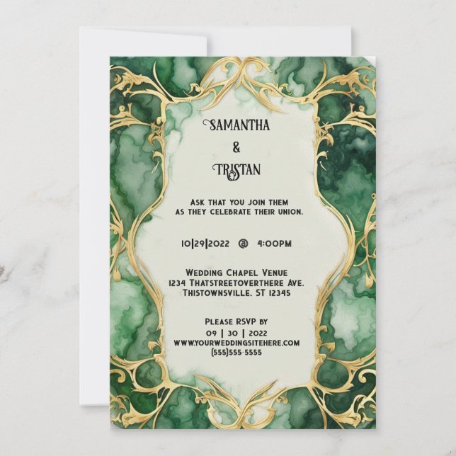 Green Marble Watercolor Gold Trim Elegant Wedding Invitation (Front)