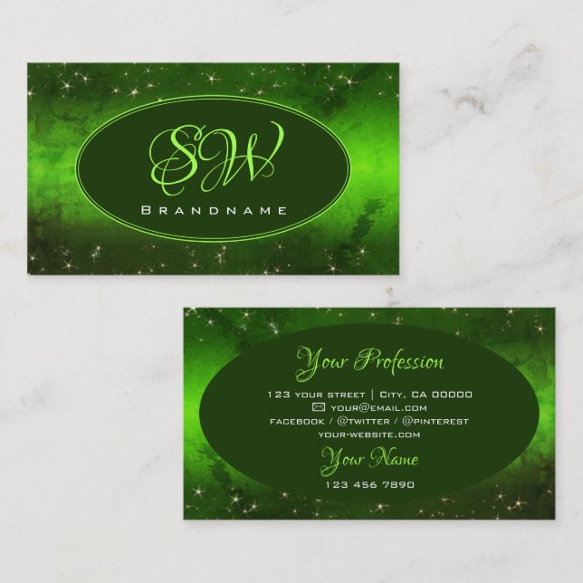 Green Marbled Pattern Cute Glitter Stars Monogram Business Card (Front/Back)