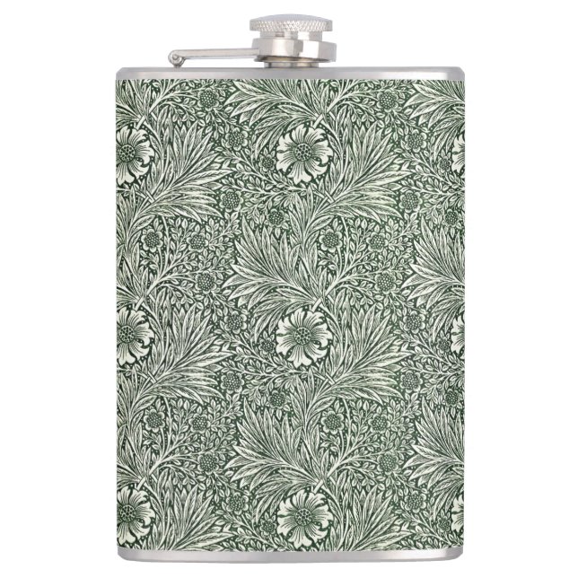 Green Marigold Elegance - Floral Hip Flask (Front)