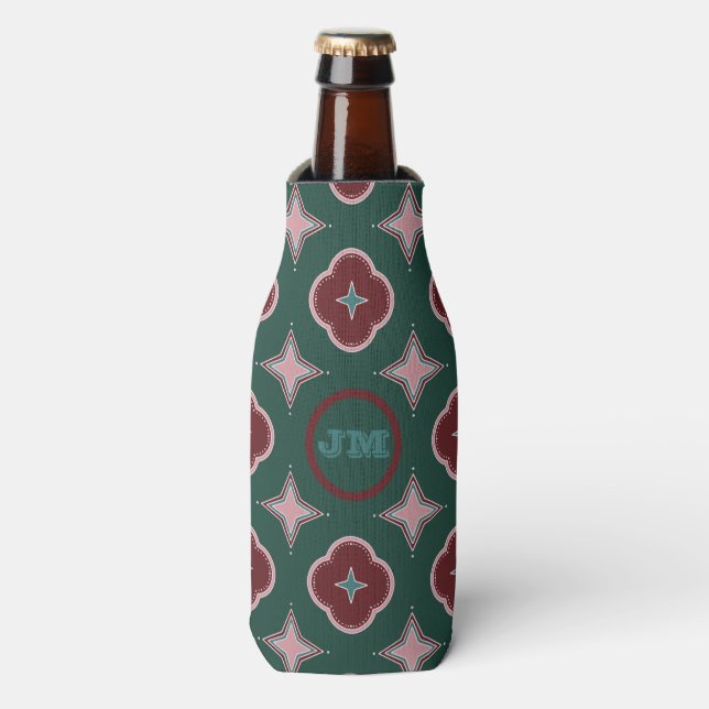 Green Maroon & Pink Elegant Tile Pattern Monogram Bottle Cooler (Bottle Front)
