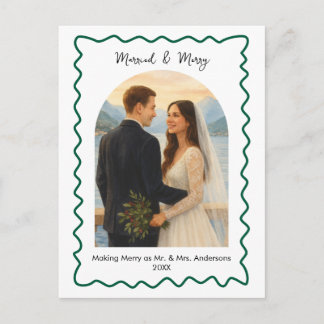 Green Married and Merry First Christmas Photo Holiday Postcard