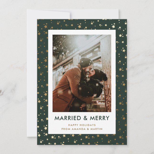Green Married and Merry Newlywed Photo Holiday Card (Front)