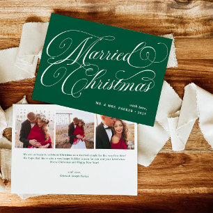 Green Married Christmas Photo Grid and Calligraphy Holiday Card