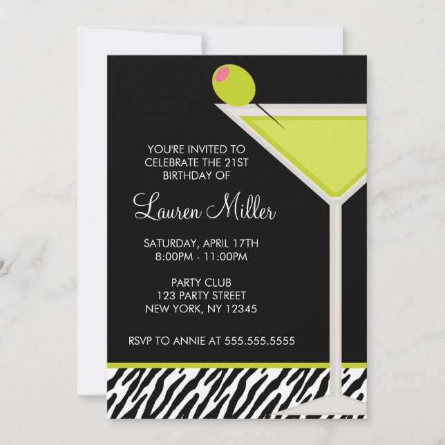 Green Martini and Zebra Pattern Invitation (Front)