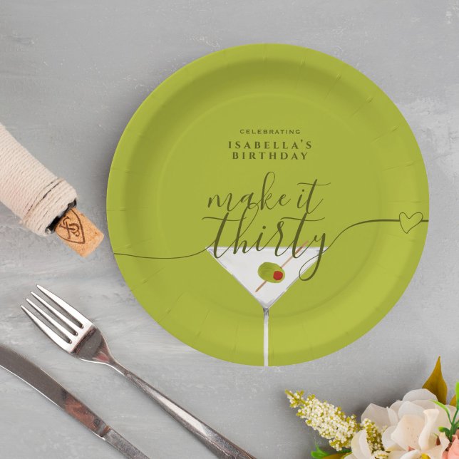 Green Martini Make It Thirty 30th Birthday Party Paper Plate (Creator Uploaded)