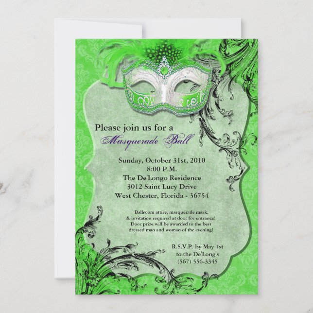 Green Masquerade Ball Mask Costume Halloween Part Invitation (Front)