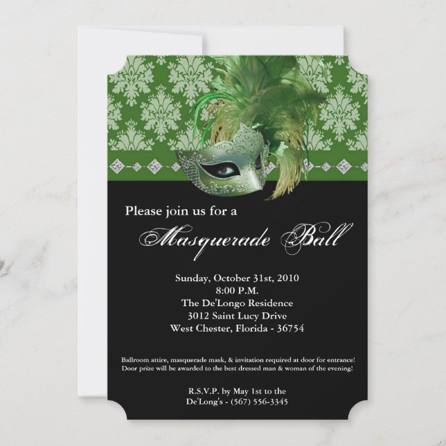 Green Masquerade Ball Mask Costume Halloween Part Invitation (Front)
