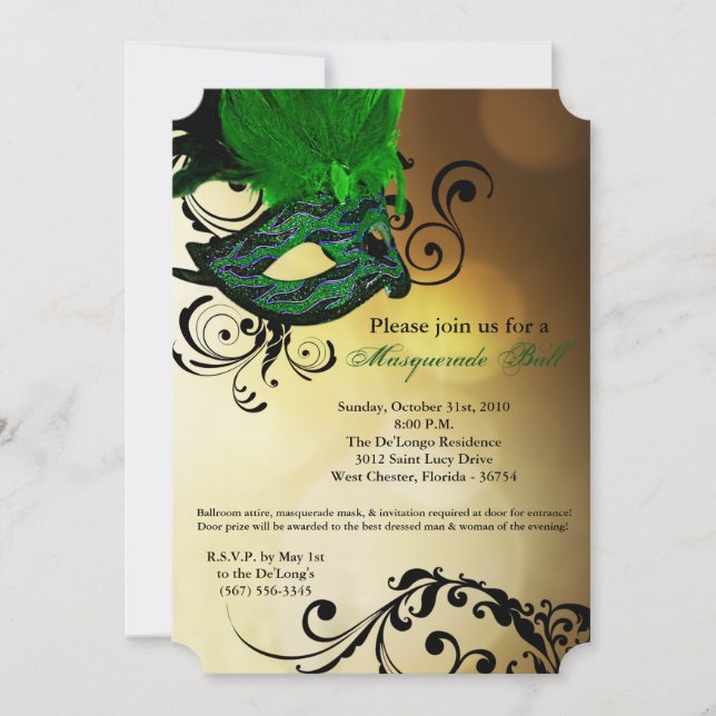 Green Masquerade Ball Mask Costume Halloween Part Invitation (Front)