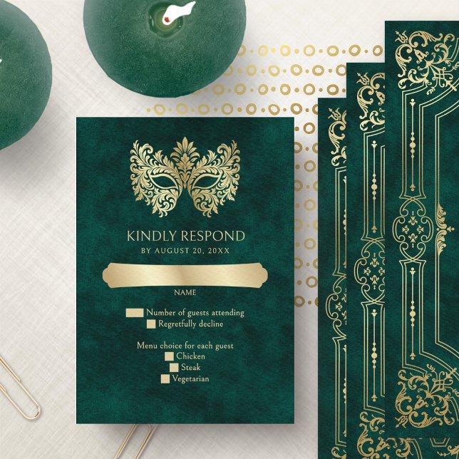 Green Masquerade Mask Elegant Quinceanera RSVP Card (Creator Uploaded)