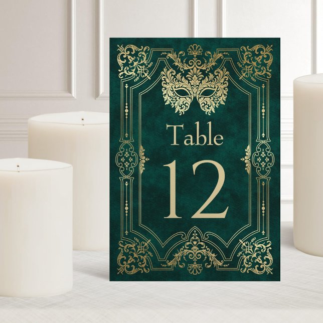 Green Masquerade Mask Elegant Quinceanera Table Number (Creator Uploaded)