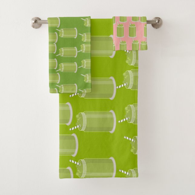 Green Matcha Latte Mason Jar Pattern Iced Tea Bath Towel Set (Insitu)
