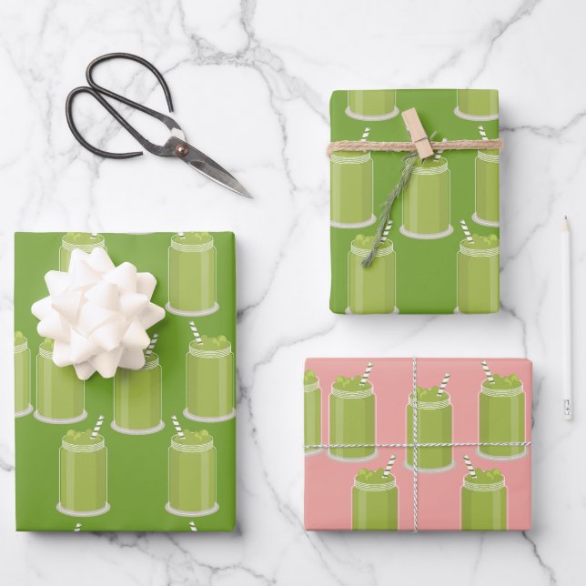 Green Matcha Latte Mason Jar Pattern Iced Tea Wrapping Paper Sheet (Front)