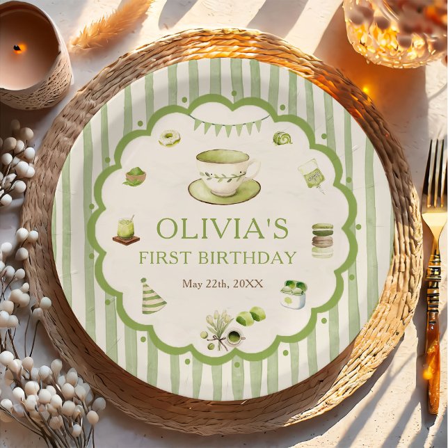 Green Matcha Stripes Birthday Paper Plates (Creator Uploaded)
