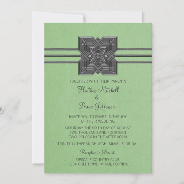 Green Medallion Border Wedding Invite (Front)