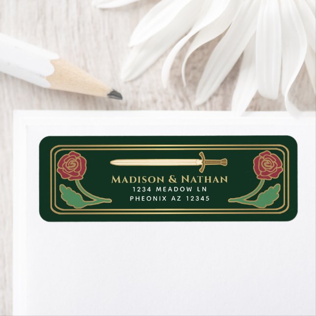 Green Mediaeval Fantasy Gold Sword Wedding Label (Insitu)