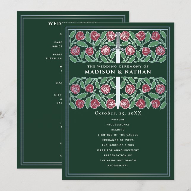 Green Mediaeval Silver Floral Sword Royal Wedding Programme (Front/Back)