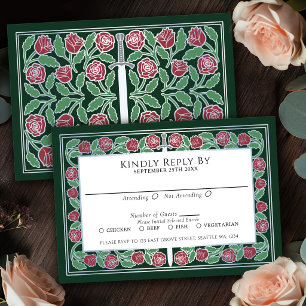 Green Mediaeval Silver Floral Sword Royal Wedding RSVP Card