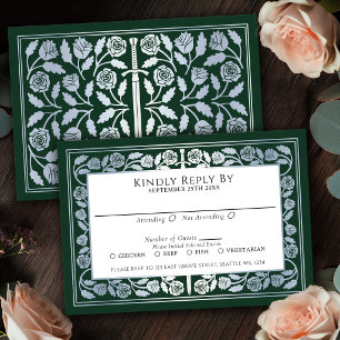 Green Mediaeval Silver Sword Royal Wedding RSVP Card
