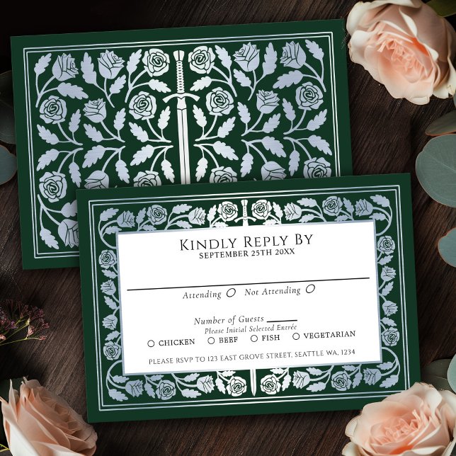 Green Mediaeval Silver Sword Royal Wedding RSVP Card (Creator Uploaded)