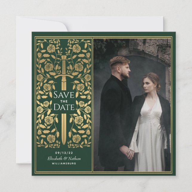 Green Mediaeval Sword Save the Date Photo Invitation (Front)
