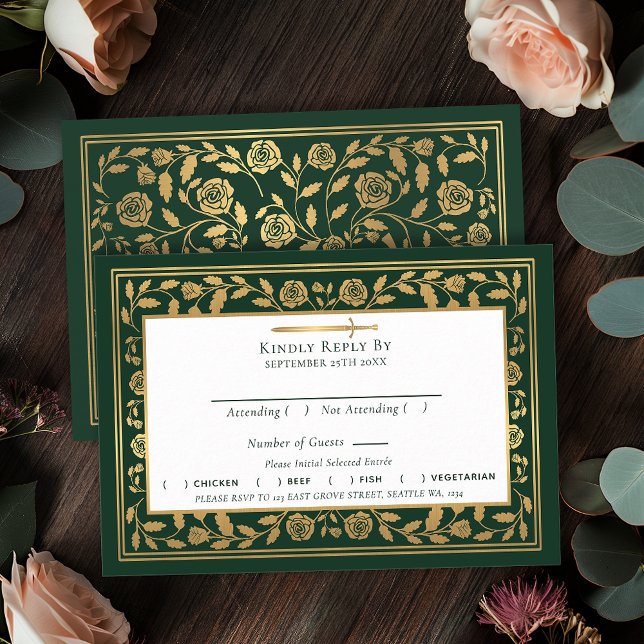 Green Mediaeval Sword Wedding RSVP Enclosure Card (Creator Uploaded)