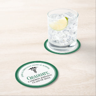 Green Medical School Graduation Party Personalized Round Paper Coaster