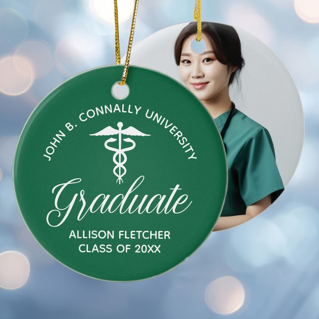 Green Medical School Graduation Photo Christmas Ceramic Tree Decoration (Creator Uploaded)