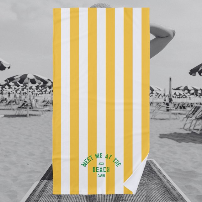 Green Meet Me At The Beach Yellow Cabana Stripe  Beach Towel (Creator Uploaded)