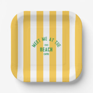 Green Meet Me At The Beach Yellow Cabana Stripe Paper Plate