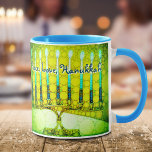 Green Menorah Peace Love Hanukkah Modern Script Mug<br><div class="desc">“Peace, Love, Hanukkah.” A close-up photo illustration of a bright, colourful, green and yellow artsy menorah helps you usher in the holiday of Hanukkah in style. Feel the warmth and joy of the holiday season whenever you drink out of this stunning, modern, colourful Hanukkah coffee mug. Makes a striking set...</div>