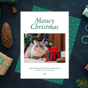 Green "Meowy Christmas" Personalised Photo Holiday Card