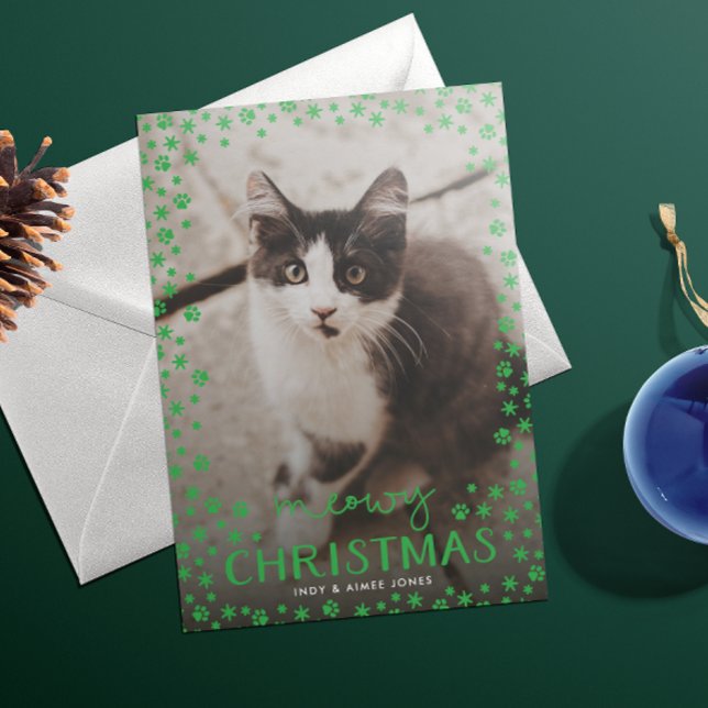Green Meowy Christmas Pet Lover Holiday Photo Card (Creator Uploaded)